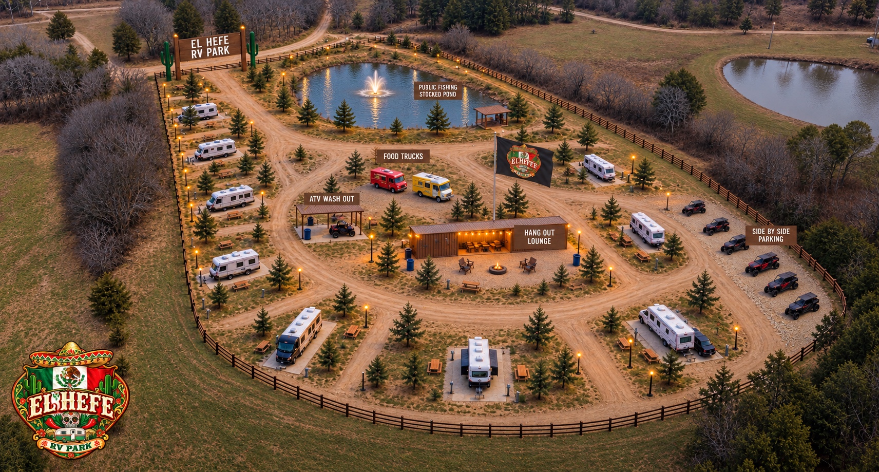 Conceptual layout of El Hefe RV Park showing RV sites, pond, wash, and hangout areas.